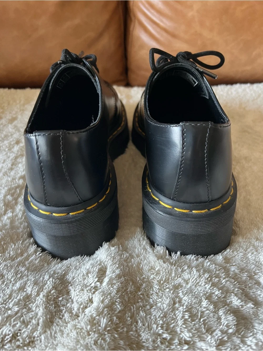Dr. Martens Black Platform Derby Shoes with Yellow Stitching